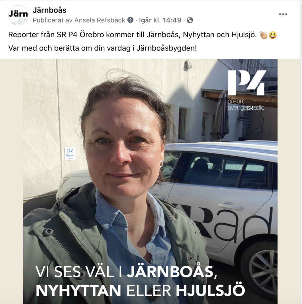 Screenshot på Facebookpost om att SR P4 kommer till Järnboåsbygden