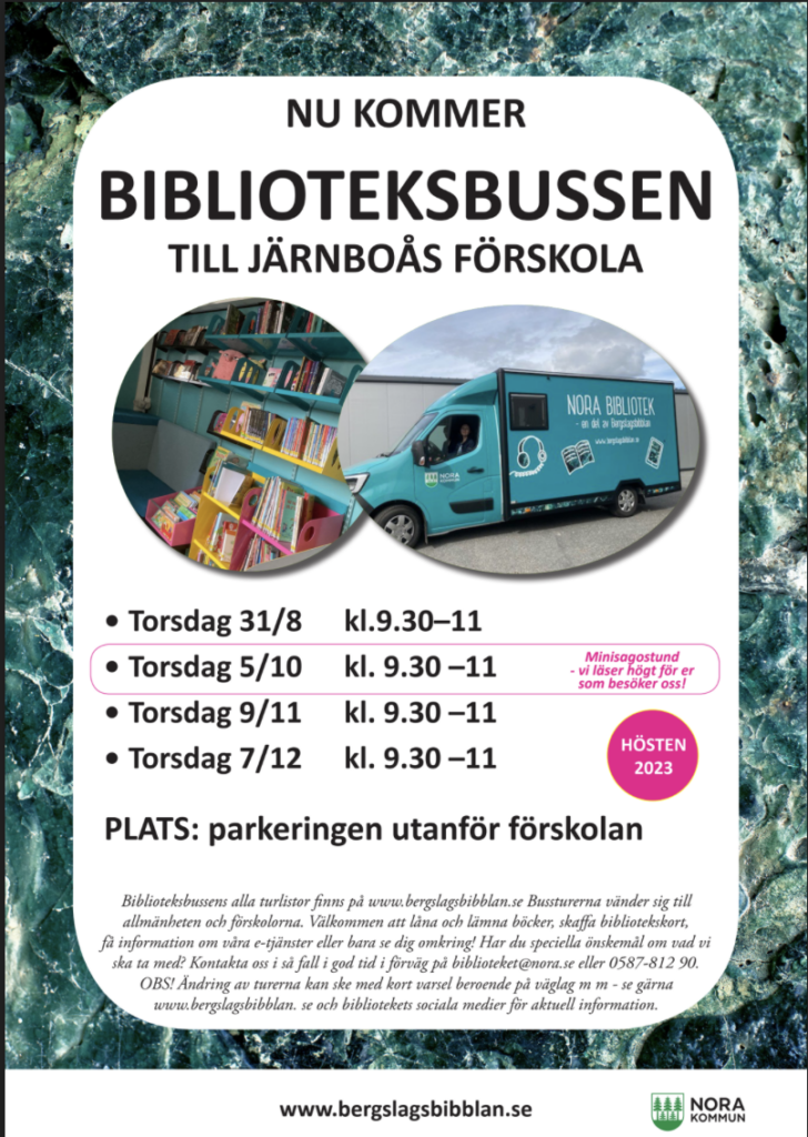Affisch biblioteksbussens tider för besök Järnboås