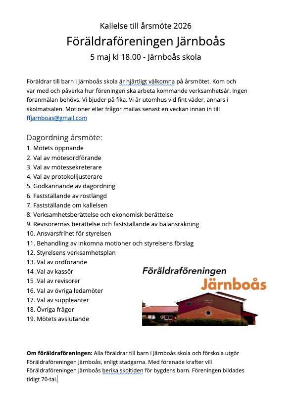 Föraldraföreningen Järnboås årsmote 2026